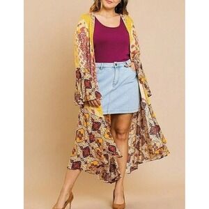 Umgee Duster‎ Women Artsy Boho Gypsy Bell Sleeve Festival Maxi Kimono Size XL
